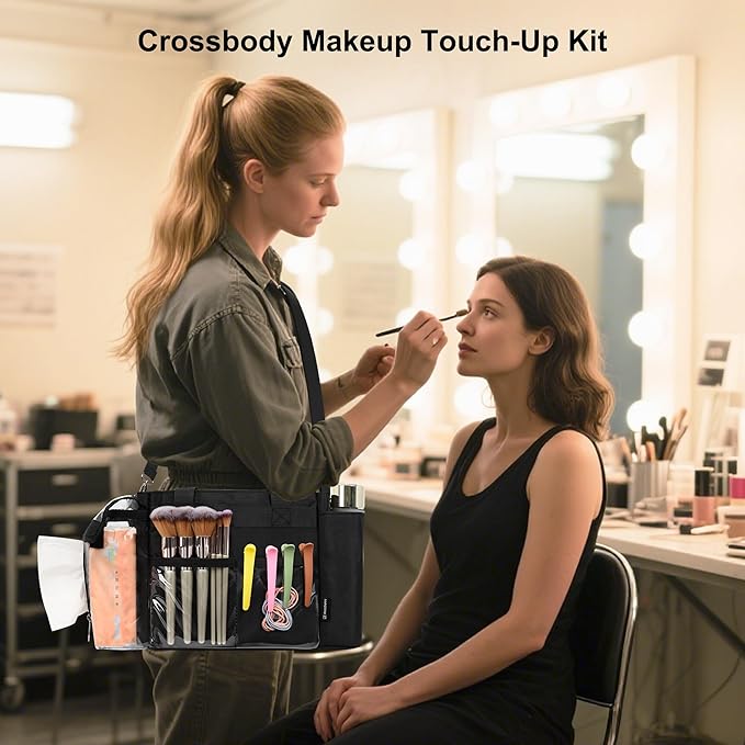 Travel Makeup Bag Small Cosmetic Bag Makeup Artist Bag Professional Touch Up Makeup Kit Bags with Detachable Dividers Multi Pocket Cosmetic Storage Organizer for Beauty Pros (Black)