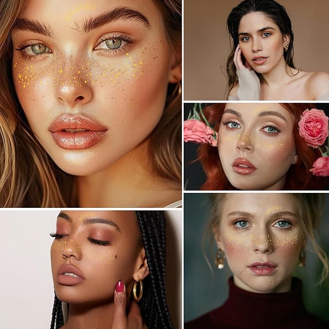 Glitter Freckles Face Tattoo, 10PCS Gold Glitter Freckles, 2 Styles Body Face Glitter for Women Girls, Cute Star Waterproof Glitter Makeup Patches, Country Concerts Singer Festival Rave Accessories