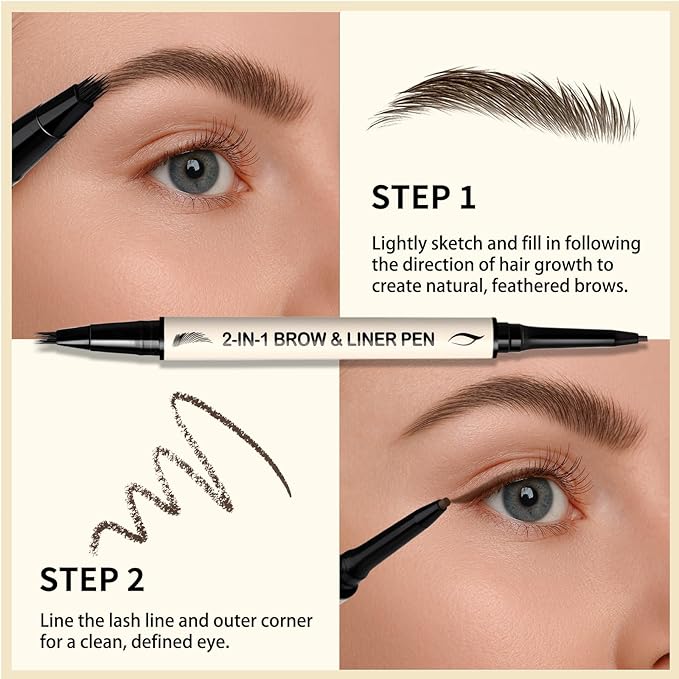 UCANBE 2-in-1 Eyebrow Pen & Gel Eyeliner Pencil – Microblading Eye Brow Pencil with Brow-Fection Angled Brush Tip + 1.5mm Ultra-Fine Eye Liner, Waterproof, Quick-Dry, Long Lasting (Dark Brown)