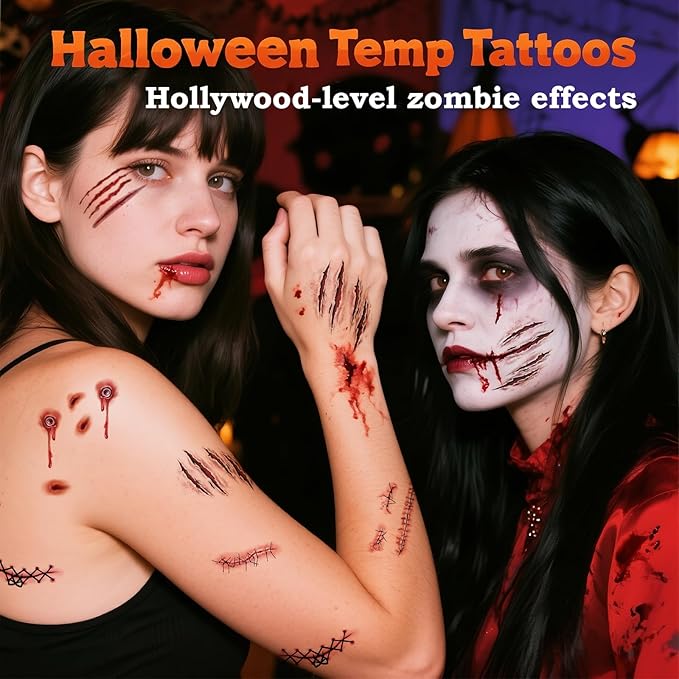 Zerobe Professional Zombie Film SFX Makeup Kit - Large 3D Fake Scars Blood Tattoo Stickers for Movie-Quality Undead Effects | Waterproof, Realistic Wounds for Cosplay, Halloween (Large 121 Pcs)