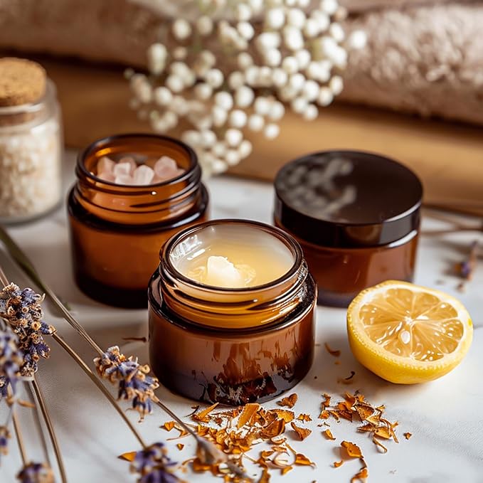 KEYWING 1oz Amber Glass Jars with Black Lids, 36 Pack Small Round Glass Cosmetic Jars with Inner Liners for Lotions, Cream, Powders and Ointments