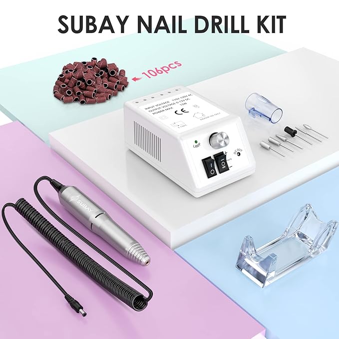 SUBAY Professional Finger Toe Nail Care Electric Nail Drill Machine Manicure Pedicure Kit Electric Nail Art File Drill with 1 Pack of Sanding Bands, White
