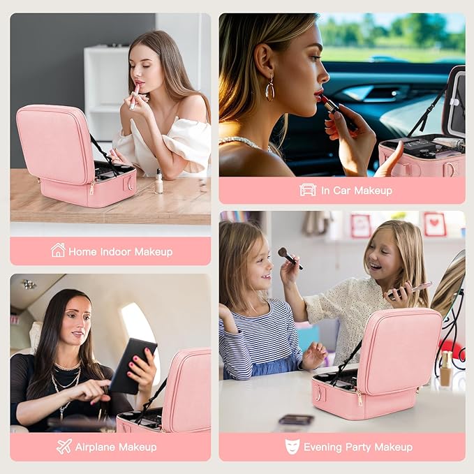 Travel Makeup Bag with LED Mirror, Cosmetic Bags for Women with Light up Mirror, Travel Essentials Makeup Organizer, Makeup Case with Adjustable Dividers and Brush Holder, 3 Color Lights