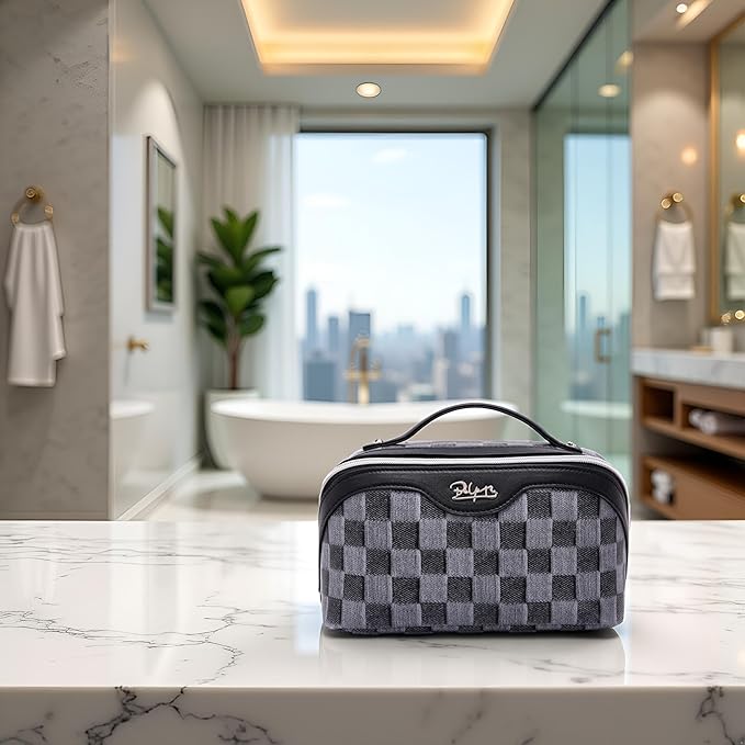 BOYATU Travel Makeup Bag for Women: Large Cosmetic Bag Set of 3 - PU Leather Make up Bag with Compartments - Compact Waterproof Toiletry Bag with Divider & Handle (C-02Black)