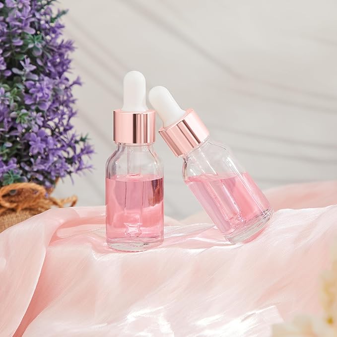 100 Pcs Mini Glass Oil Dropper Bottle Bulk, Clear Essential Small Empty Bottles Sample Containers Perfume Liquid Vials with Cap for Traveling (15 ml,Rose Gold)