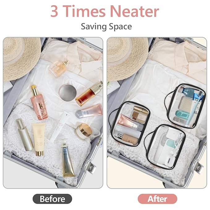 PACKISM TSA Approved Toiletry Bag - 180° Large Opening Clear Makeup Bags with Handle, Easily Access, Floral Texture Lace Clear Toiletry Bags for Traveling, Thick 0.5 mm No Smell, Black