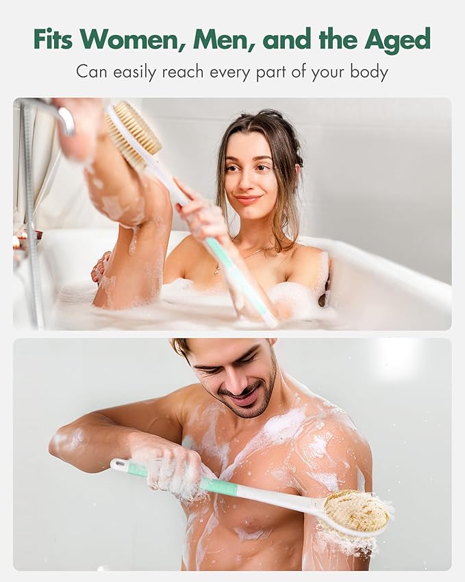 Back Scrubber Body Shower Brush: Anti Slip Long Handle Bath Brush with Stiff and Soft Bristles - Showering Exfoliator Wet or Dry Brushing for Women, Men, Elderly (Mint Green)