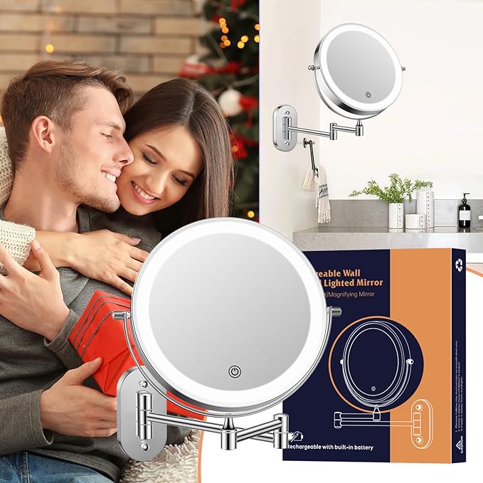 FUNTOUCH 2500mAh Rechargeable Wall Mounted Lighted Makeup Vanity Mirror 8 Inch Double Sided 1X 20X Magnifying Bathroom Mirror, 3 Color Lighting, Touch Dimming, Extended Arm 360ยฐ Light up Mirror