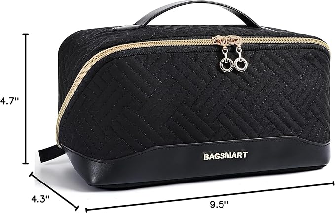 BAGSMART Makeup Bag Cosmetic Bag, Travel Makeup Bag,Water-resistent Makeup Bags for Women Portable Pouch Open Flat Make Up Organizer Bag for Toiletries, Brushes Black
