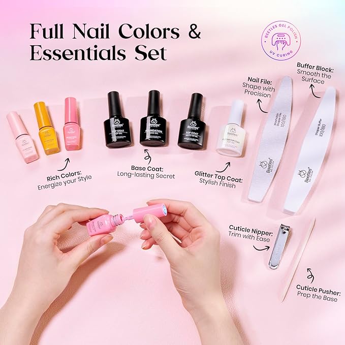 Beetles Gel Nail Polish Seasons Impressions Collection - 25 Colors Uv Gel Nail Kit Brown Burgundy Black White Red Pink Nude Green Purple Blue Glossy Matte Glitter Top Base Coat Gifts for Women