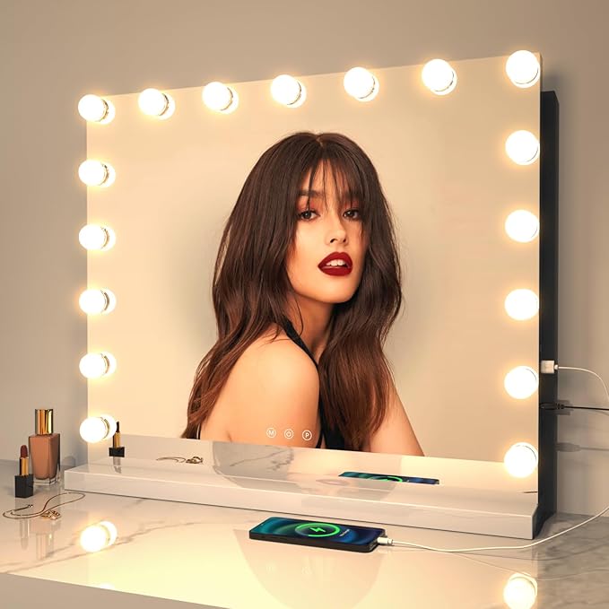 ZL ZELing ZELing Vanity Mirror Makeup Mirror with Lights,23.6" x 19.6"Large Tabletop Light up Mirror with 17Bulbs,10X Magnification,USB Charging Port,3 Color Touch Control Dimmable Lights.