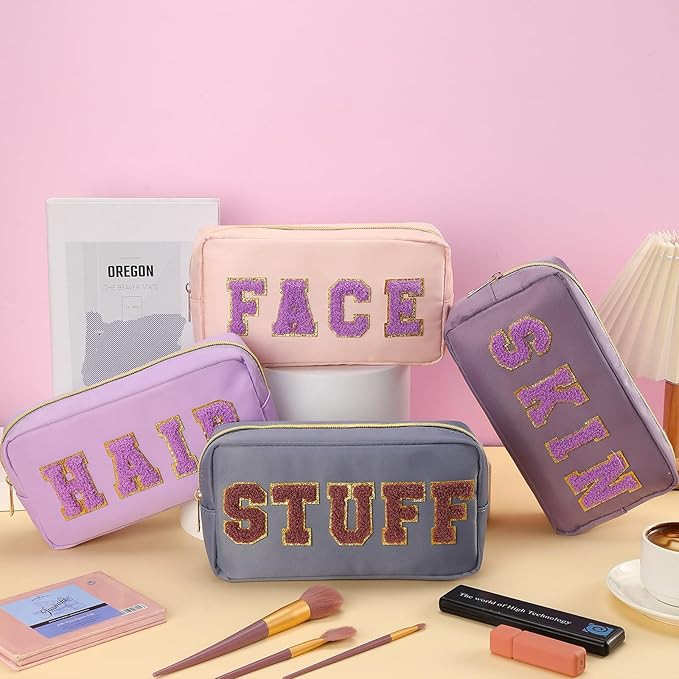 Cunno 4 Pcs Preppy Makeup Bags Chenille Letter Stuff Bag Nylon Cosmetic Pouch Cases with Zipper for Women Travel Toiletry