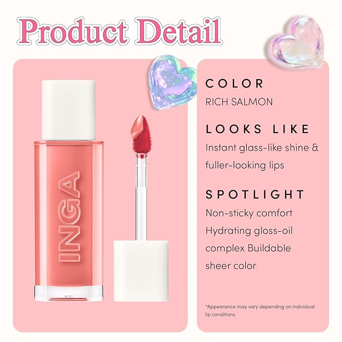 INGA Water Glow Lip Tint | Hydrating, Glossy Korean Lip Tint with Sheer Color & Glass-Like Shine | Long-Lasting, Non-Sticky Korean Lip Stain (RICH SALMON)