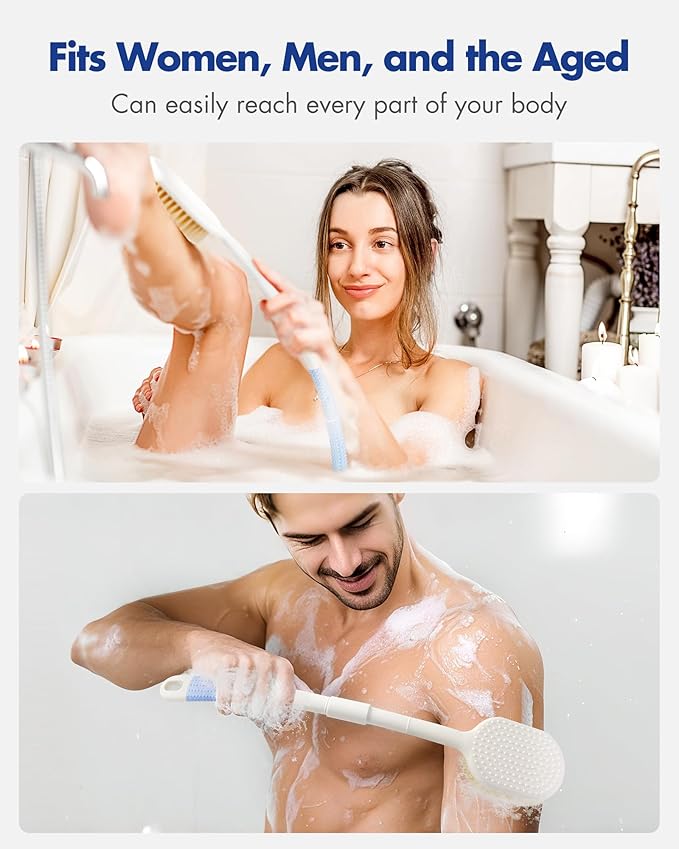 Rafow Ergonomic Back Scrubber for Shower - Anti Slip Long Handle Bath Brush with Stiff and Soft Bristles - Showering Exfoliator Wet or Dry Brushing for Women, Men, Elderly (Curved Handle Blue)