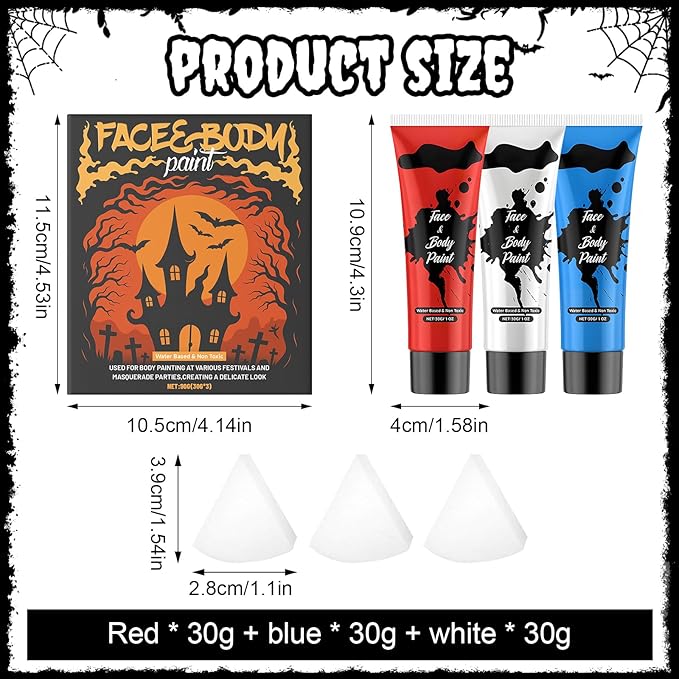 Face Body Paint, Pinturas Para Halloween Full-coverage Multi-Color Cream Makeup Body Paint for Adult Halloween Cosplay SFX Makeup Paint Halloween Cosplay Costume Party, Red+white+Blue 30g*3