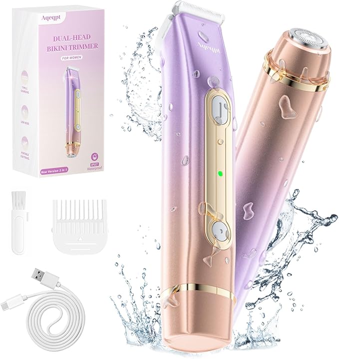 Bikini Trimmer for Women, Electric Razors with Dual Heads, Rechargeable Pubic Hair Trimmer with IPX7 Waterproof, Painless Pro Shaver for Underarm Leg Arm Body Face Private Area๏ผRoyalRose๏ผ