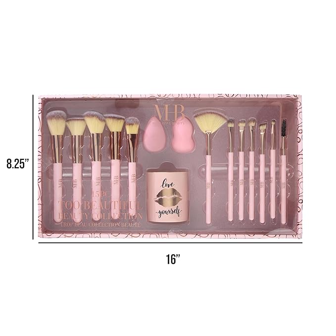 15pc Beauty Set - Beautiful Makeup Brush Collection with Beauty Blenders, Spoolie and Storage Tumbler | Professional Cosmetic Brushes For Seamless Makeup Application