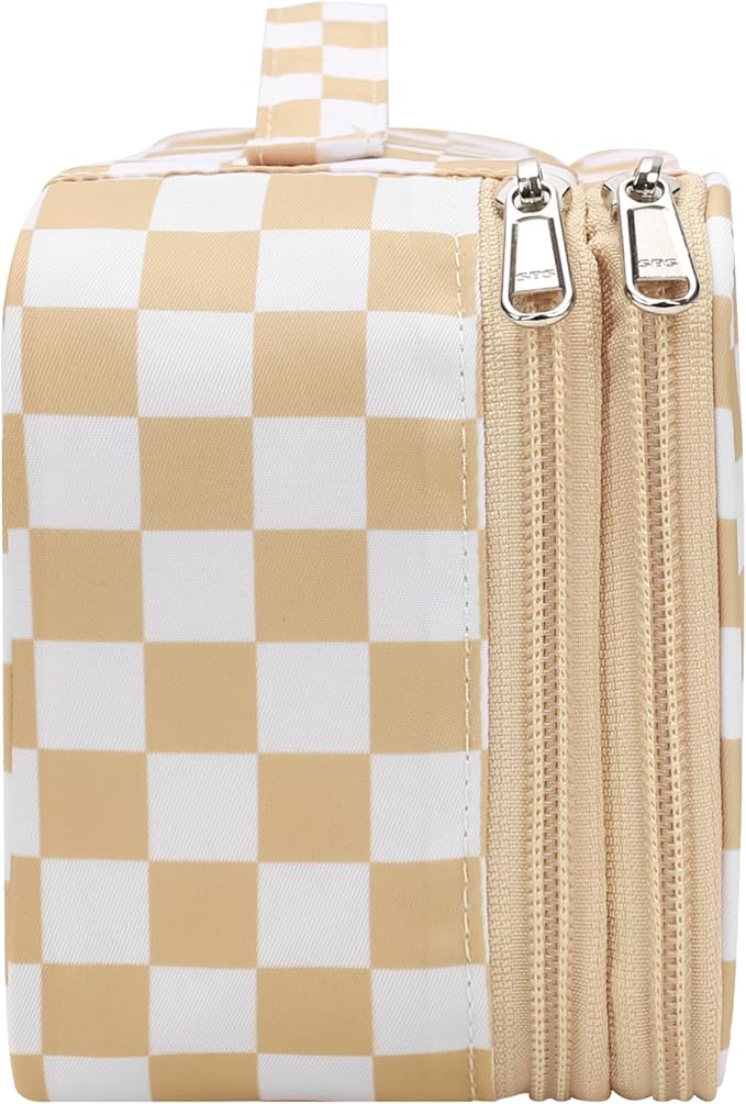 Relavel Travel Makeup Bag with Brush Holder, Dual-Layer Small Cosmetic Organizer, Portable Toiletry Bag for Accessories Storage, Cute Make Up Bag for Gift, Trip, Camp, Daily Use - Plaid