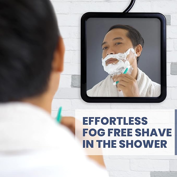 MIRRORVANA Dual Anti Fog Shower Mirror for Shaving with Hook for Hanging and Fogless Shatterproof Surface - Fill Back Chamber/Reservoir with Hot Water for Fog Free Shave (8" x 7", Black)
