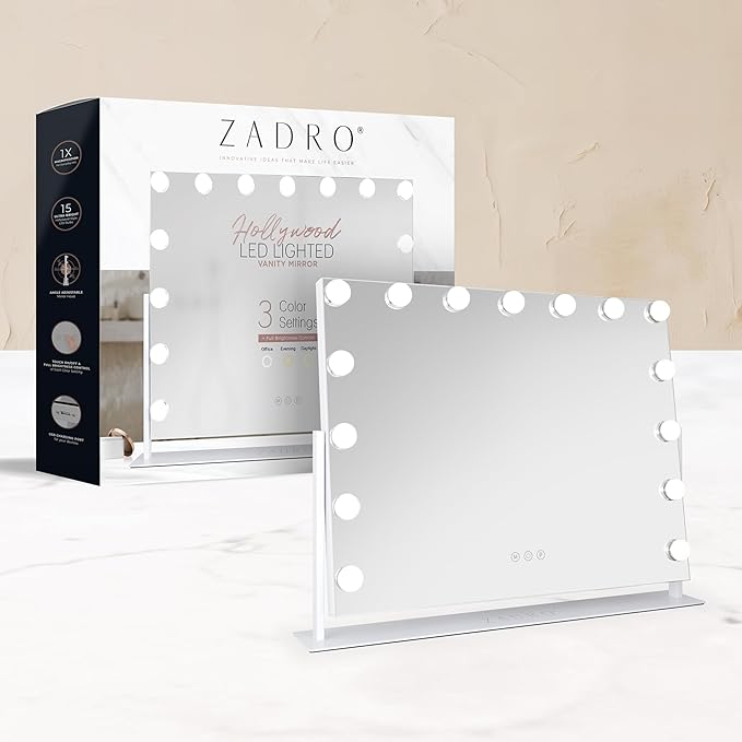 Zadro Hollywood Lighted Vanity Mirror with 15 LED Bulbs, 3 Color Light Settings, 360° Rotation Makeup Mirror Head (26" H x 20" W | 1X | French Blue)