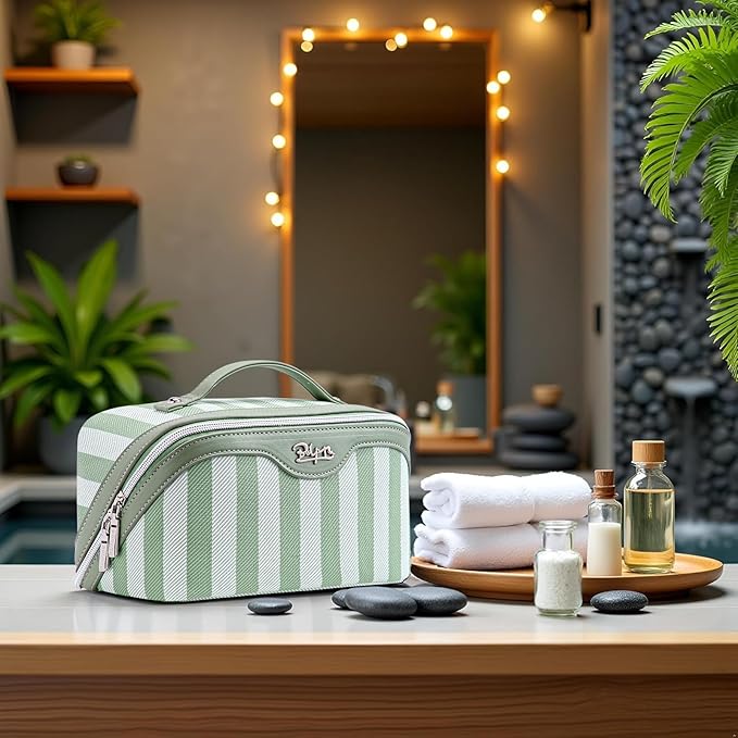 BOYATU Travel Makeup Bag for Women: Large Cosmetic Bag Set of 3 - PU Leather Make up Bag with Compartments - Compact Waterproof Toiletry Bag with Divider & Handle (A-05Green)