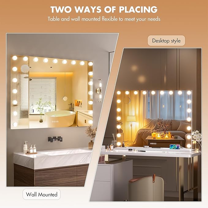 Hasipu Vanity Mirror with Lights and Bluetooth Speaker, 40" x 29" Hollywood Makeup Mirror with 21 Dimmable Bulbs and 10X Magnification, 3 Colors Modes, USB Charging Port, Type-C (White)