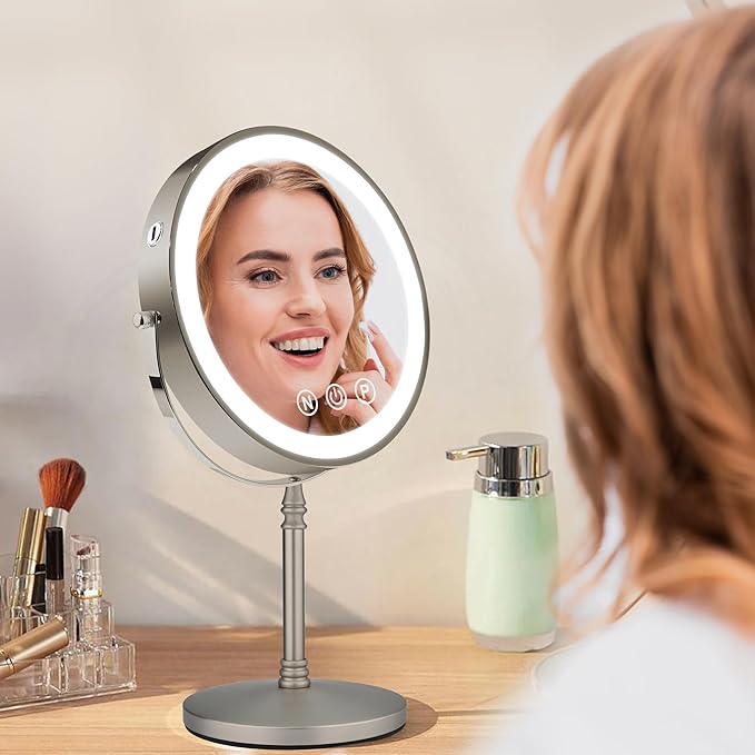 9" Large Makeup Mirror with Lights, 1X/10X Magnifying Vanity Mirror with 3 Colors Dimmable Lightning, 80 LED Lights, 360°Rotation Double Sided Standing Lighted Makeup Mirror Nickel