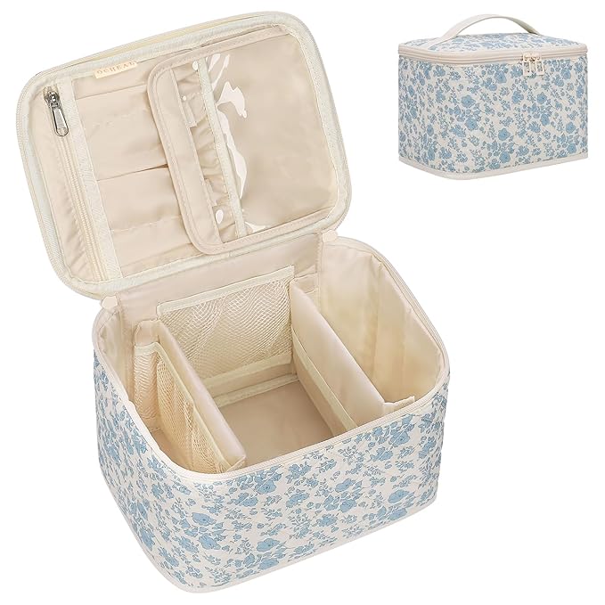 OCHEAL Travel Makeup Bag, Cosmetic Bags for Women Makeup Case Organizer Large Capacity Travel Toiletry Bag Storage Bags with Divider and Handle for Cosmetics Toiletries Brushes Tools-Blue Floral