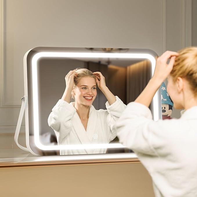 MINISO Vanity Mirror with Lights, 18" x 14" LED Makeup Mirror, Light & Brightness Adjustment, Smart Sensor, 360°Rotation, Aluminum Alloy Metal White Frame, with 5X Magnifying Glass