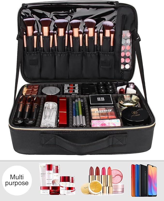 Relavel Makeup Case Large Makeup Bag Professional Train Case 16.5 inches Travel Cosmetic Organizer Brush Holder Waterproof Makeup Artist Storage Box, Large Capacity (Leather Black)