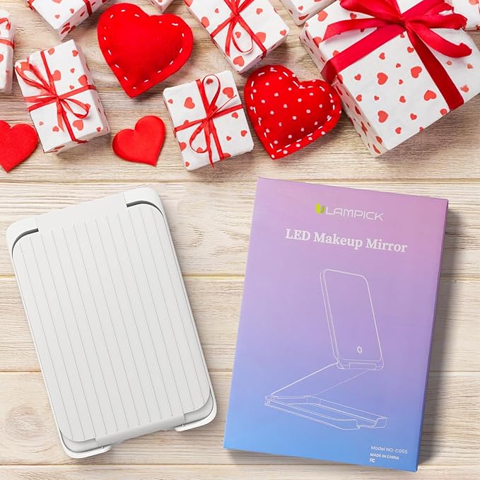 Travel Makeup Mirror with Lights, Foldable 1X Vanity Lighted Mirror with 10X Magnification, Rechargeable 1500mAh, Dimmable Touch Screen, Freely Adjust Height and Angle