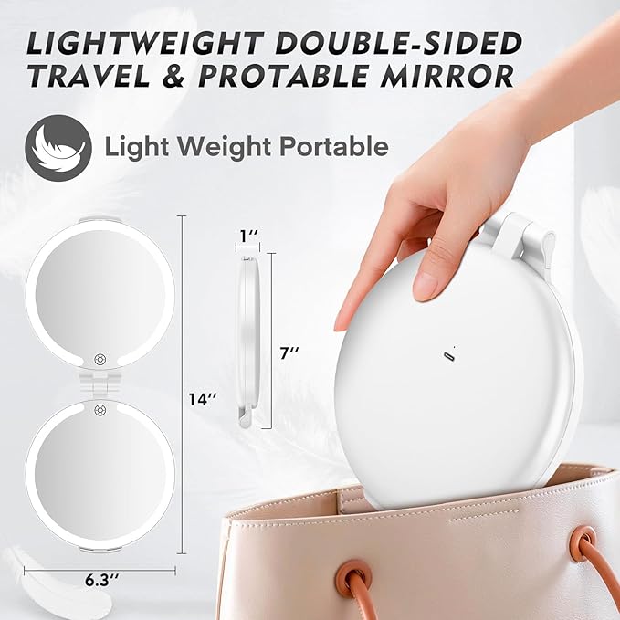 FUNTOUCH Travel Mirror with Light, 1X/10X Rechargeable Portable Magnifying Mirror with Light, Touch Switch & Adjustable Brightness Makeup Mirror for Plucking Eyebrows (7in)