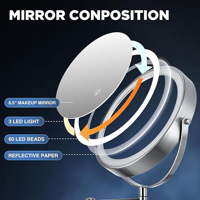 Wall Mounted Mirror with Lights - 15x Magnifing Extended Arm Mirror, 3 Color Lights & 360°Swivel Vanity Mirror, 8.5in Bathroom Mirrors for Wall Mounted - Chrome