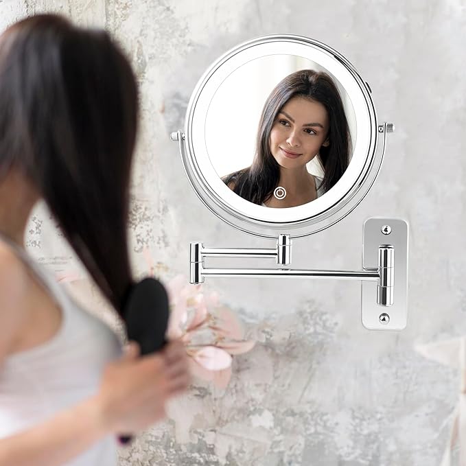JANEEVA 8" Wall Mounted Lighted Makeup Mirror,Rechargeable Double Sided 1X/10X Magnifying Mirror with 3 Color Lights,Touch Dimmable Bathroom Vanity Mirror with 360°Swivel Extendable Arm Chrome