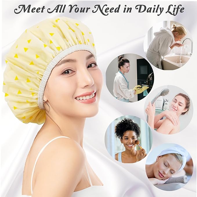 Shower Cap for Women, Shower Caps for Women Reusable Waterproof, Satin Lined Shower Cap, Hair Cap for Shower, Large Plastic Double Layers Bath Caps for Curly Hair Braids