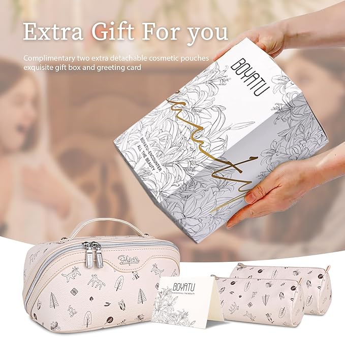 BOYATU Travel Makeup Bag Cosmetic Bags for Women: 3 Pcs Set Portable Make up Bag with Handle - Vegan Leather Toiletry Bags with Compartments - Makeup Organizer for Travel Essentials(04-white)