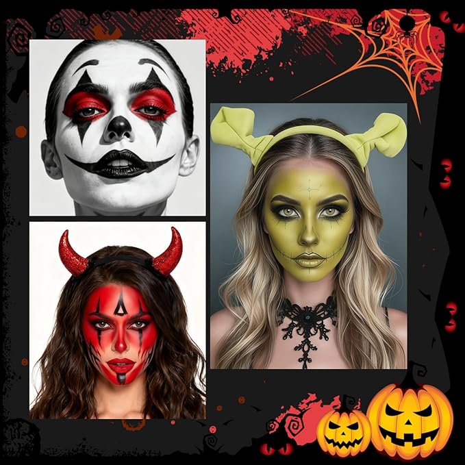 Halloween Makeup Kit for Clown, Black White Face Paint Set for Classic joker Skeleton Looks with Red Eyeshadow Stick, Water-Based Body Paint Set for Cosplay SFX Makeup, Stage shows, Parties