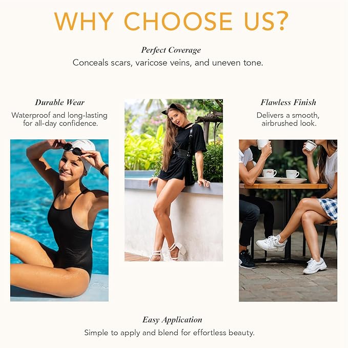 Waterproof Leg and Body Makeup, Long Lasting Skin Perfecting Body Foundation, No Transfer Vein Cover Up for Varicose Veins, Black Skin, Scars, Tattoos#Medium Glow 4FL OZ