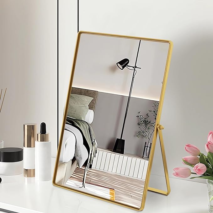 Desktop Vanity Makeup Mirror Portable Standing Mirror with Metal Stand 90°Adjustable Rectangular Desk Table Mirrors Good for Bedroom Living Room Shower Room Office