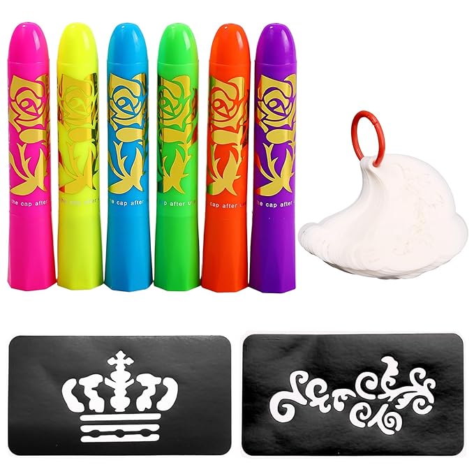 Glow Face Body Paint Pen&Stencils Kit, Party Decorations with 6 Glow‑in‑the‑Dark Face & Body Paint Pens&25 Reusable Diverse Art Templates for Halloween Party Kids and Adults