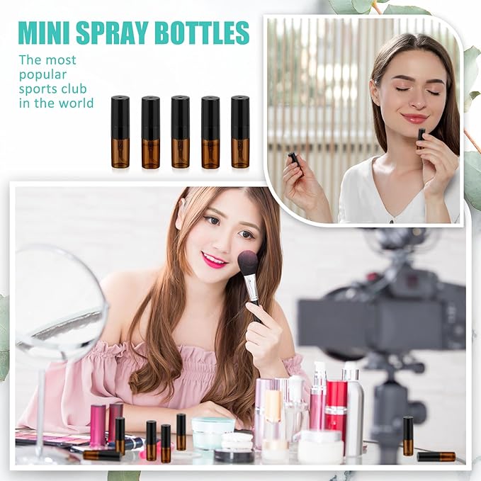 Zhehao 50 Pcs Mini Spray Bottles 2 ml Clear Glass Perfume Bottles Refillable Fine Mist Perfume Atomizer Portable Empty Sample Containers for Cleaning, Essential Oils, Travel (Amber)