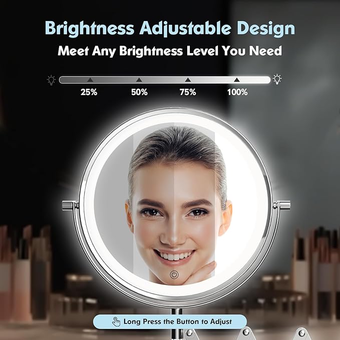Rechargeable Wall Mounted Makeup Mirror - 8 Inch Double Sided 1X/10X Magnifying Mirror with 3 Color Lights Dimmable Touch Screen, 360ยฐSwivel 19.6 Inch Extendable Accordion Bathroom Mirror - Chrome