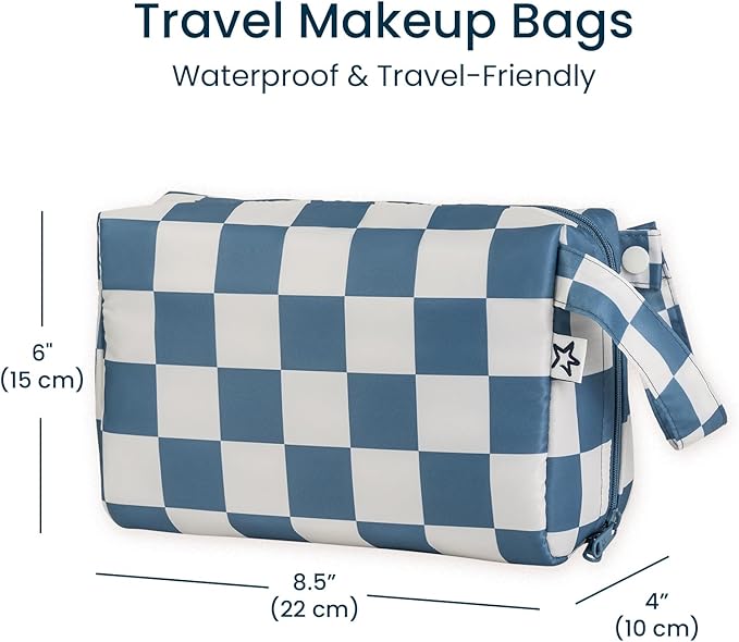 Tiny Twinkle Portable Waterproof Makeup Bag | Travel-Friendly Cosmetic Organizer with Convenient Carry Handle | Spacious Interior, and Secure Zipper Closure (Blue Checkers)