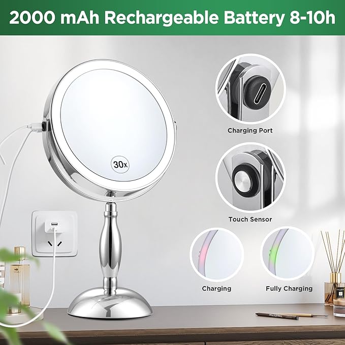 30x Magnifying Mirror, Lighted Makeup Mirror with 3 Colors Modes & Adjustable Brightness, 360° Rotation Double Side, Large Magnifying Vanity Mirror, Gifts for Women
