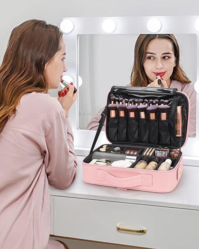 Relavel Travel Makeup Train Case Makeup Cosmetic Case Organizer Portable Artist Storage Bag with Adjustable Dividers for Cosmetics Makeup Brushes Toiletry Jewelry Digital Accessories