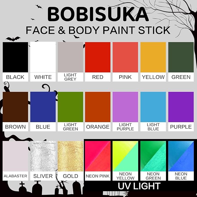 BOBISUKA Black Face & Body Paint Stick Washable Water-Based Face Paint Makeup Stick for Halloween Skeleton, Skull, Clown, Joker, Cosplay, SFX, Sports Eye Black & Costume Party
