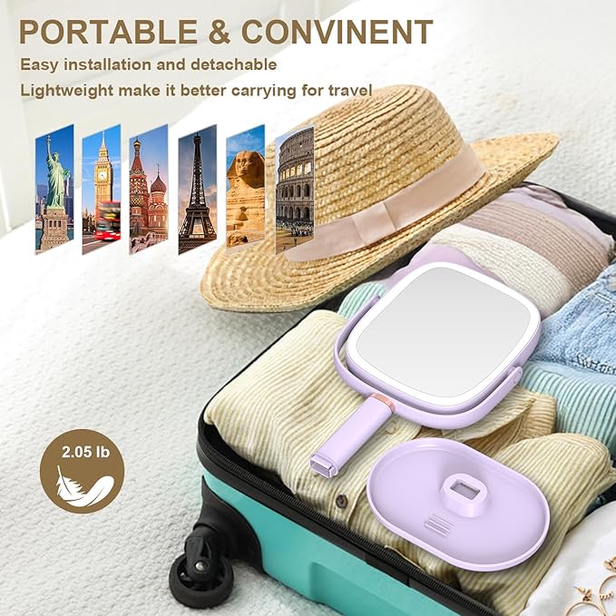 Mocado Makeup Mirror with Lights, 1X/20X Magnifying Mirror with Light, Vanity Mirror with 3 Colors Lights, Height Adjustable Lighted Makeup Mirror, Double Sided 360°Rotation, Memory Function (Purple)