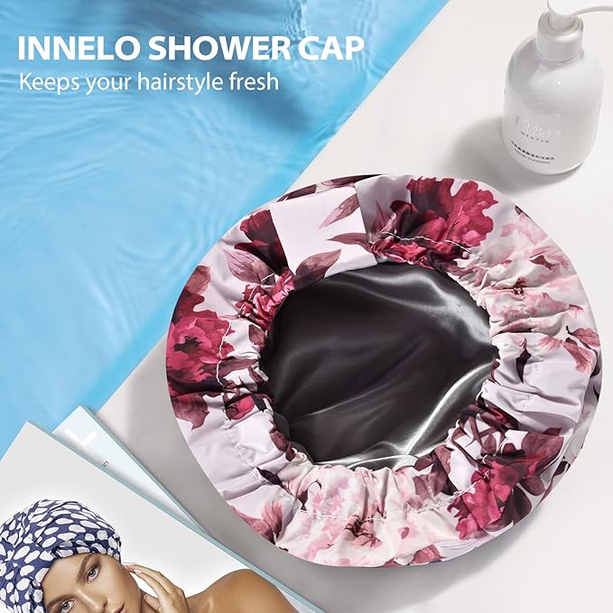 INNELO Luxury Shower Cap for Women Reusable Waterproof, Double Layered Shower Hair Cap with Adjustable Elastic Strap, Large Satin Lined Shower Bath Cap for Long Curly Straight Hair, Pink-Flower