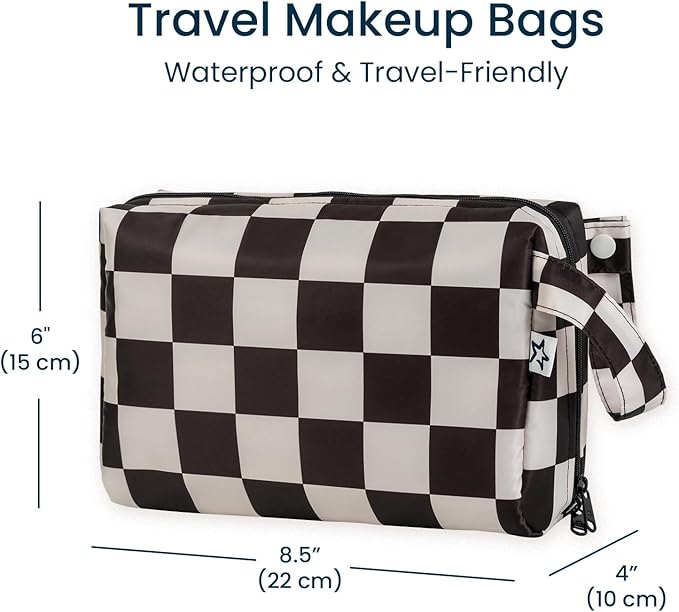 Tiny Twinkle Portable Waterproof Makeup Bag | Travel-Friendly Cosmetic Organizer with Convenient Carry Handle | Spacious Interior, and Secure Zipper Closure (Black Checkers)