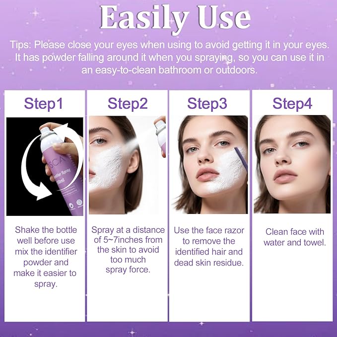 Yosca Hair Identifier Spray for Face Shaving, 150ML Skin Body Hair Identifier Spray for Face Dermaplaning, Facial Hairspray for Dermaplaning, Moisturizing and Skin Care Shaving Powder with Razor